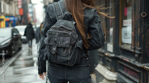  a woman wearing black jean pants punk street fashion , Generative Ai