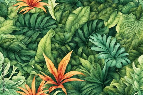Jungle plant background in green shades. 