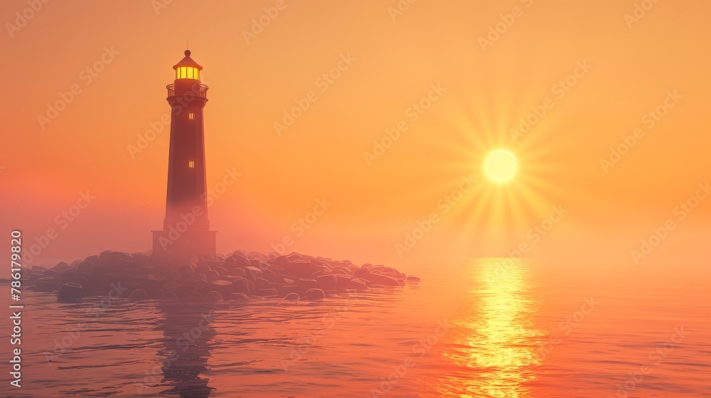 A lighthouse beam at twilight on gentle pastel orange sky