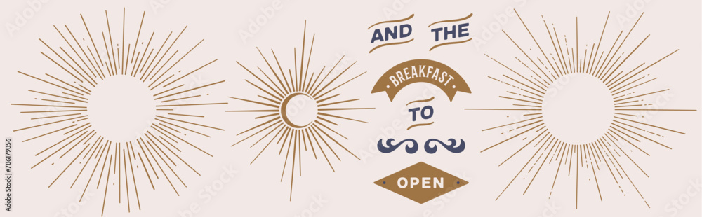 Vintage set. Sunburst, sun light ray, vintage retro graphic. Set of light rays, sunburst and rays of sun. Hand drawn design elements, linear drawing, design sign, symbol. Vector Illustration