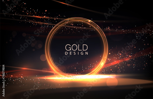 Composition with a shiny round frame and a round podium with glitter on a dark background.