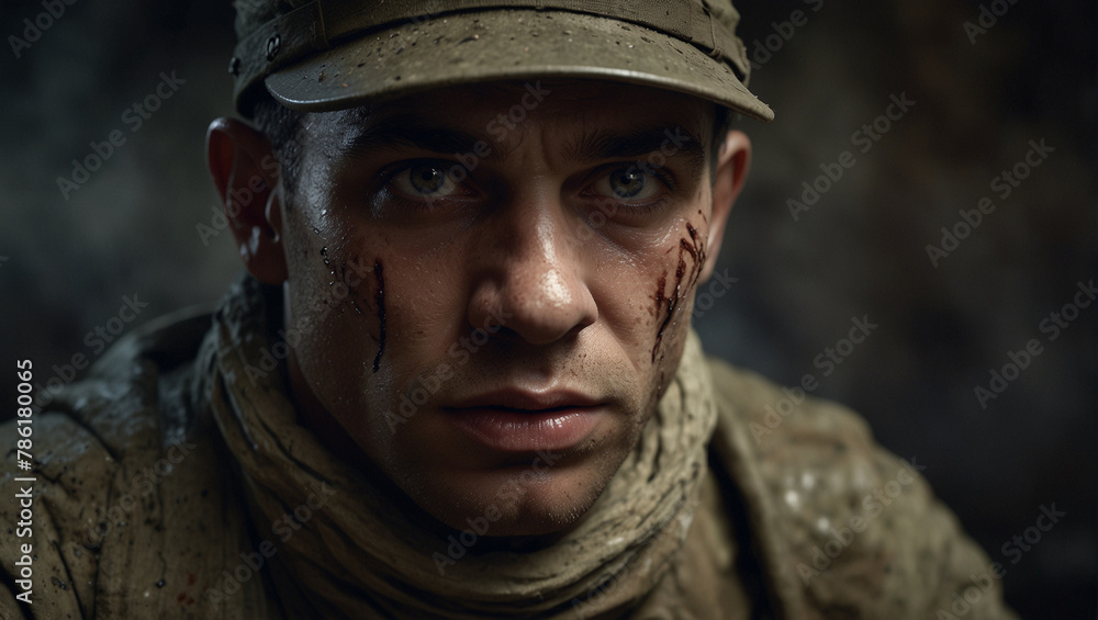 Portrait of a poor frightened World War Soldier in a Trench with fear in his eyes