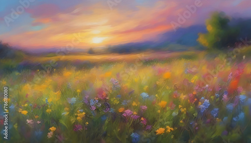 A tranquil wildflower meadow landscape. Abstract art. © Pram