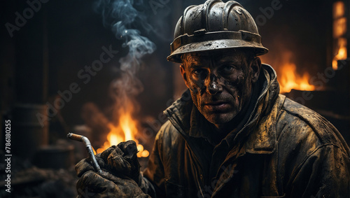 Worker in a histroric Coal Mine. Portrait of Hardship in the Oil or Coal Industry. Close up picture of the worker's head with stern expressions on his face © pit24