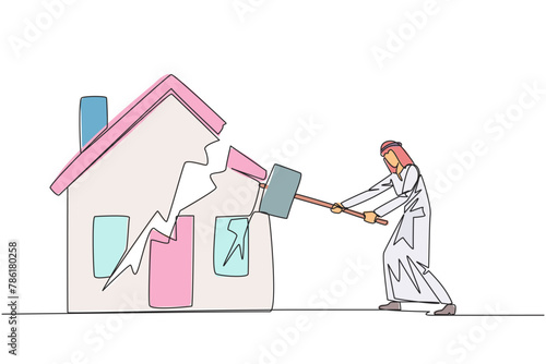 Single one line drawing Arabian businessman preparing to hit miniature house. Metaphor of house as collateral for payment. Fails. Home is gone. Bankrupt. Continuous line design graphic illustration