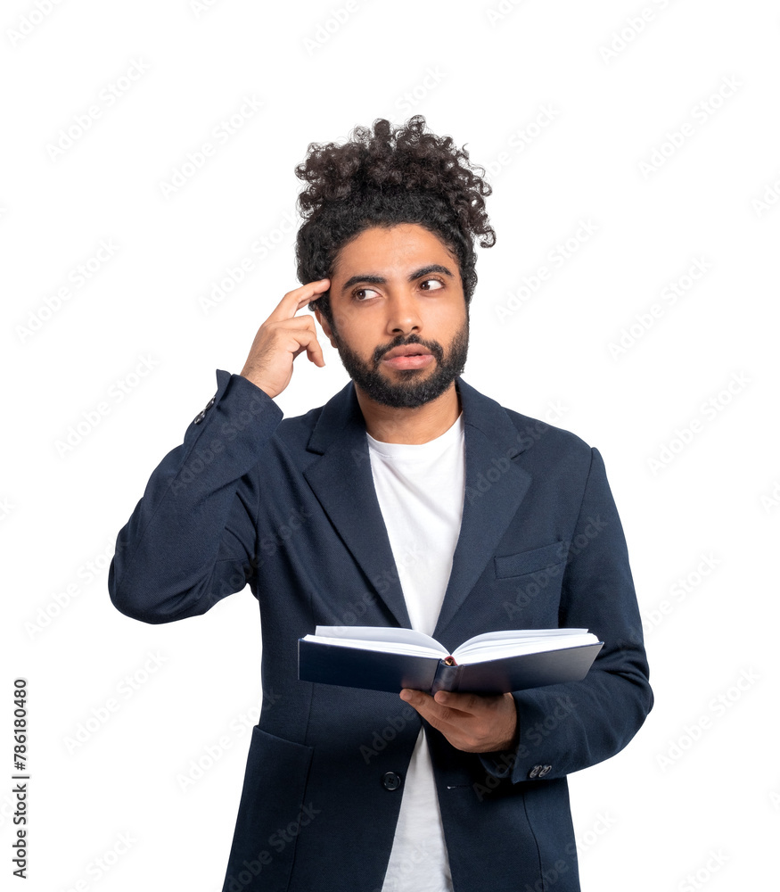 A man in a business suit with a puzzled expression holds an open book, isolated on a white background, symbolizing confusion or learning A man in a business suit with a puzzled expression holds an open book, isolated on a white background, symbolizing confusion or learning