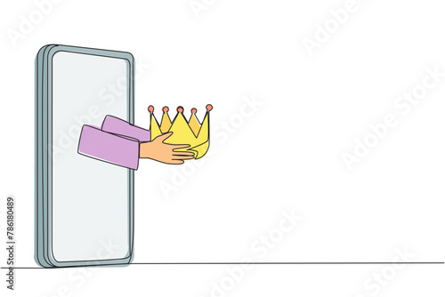 Single one line drawing the hand comes out from the middle of the smartphone holding crown. Symbol of a trusted online seller who has many loyal customers. Continuous line design graphic illustration