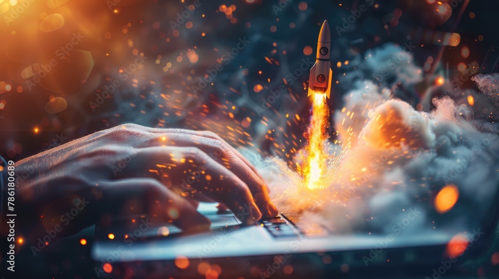 Rocket launching from a laptop screen. Startup success, business innovation, modern technology concept background with free place for text Rocket launching from a laptop screen. Startup success, business innovation, modern technology concept background with free place for text