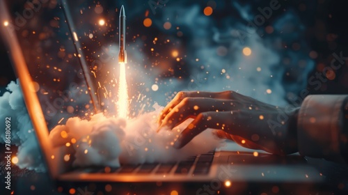 Rocket launching from a laptop screen. Startup success, business innovation, modern technology concept background with free place for text