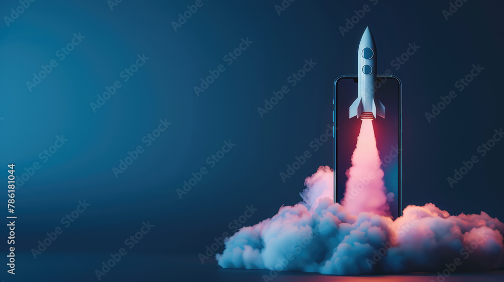 Fototapeta premium Rocket launching from a smartphone screen. Startup success, business innovation, modern technology concept background with free place for text