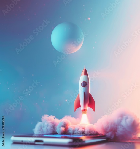Rocket launching from a smartphone screen. Startup success, business innovation, modern technology concept background with free place for text