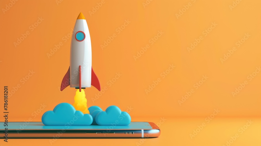 Rocket launching from a smartphone screen. Startup success, business innovation, modern technology concept background with free place for text Rocket launching from a smartphone screen. Startup success, business innovation, modern technology concept background with free place for text