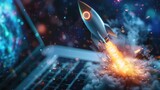 Rocket launching from a laptop screen. Startup success, business innovation, modern technology concept background with free place for text