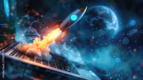 Rocket launching from a laptop screen. Startup success, business innovation, modern technology concept background with free place for text © eireenz