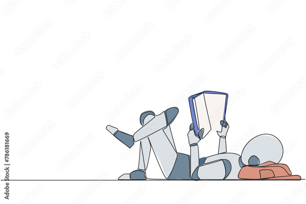 Single continuous line drawing robot lying on back reading book. Reading favorite comic. Big fan of fiction books. Enjoy the storyline. Reading increase insight. One line design vector illustration Single continuous line drawing robot lying on back reading book. Reading favorite comic. Big fan of fiction books. Enjoy the storyline. Reading increase insight. One line design vector illustration