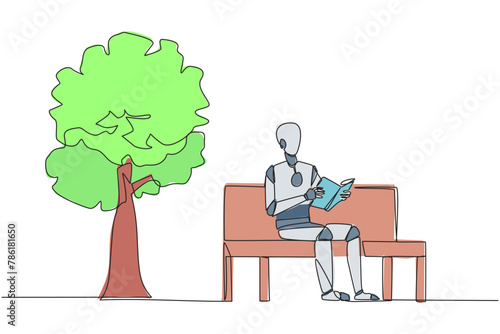 Continuous one line drawing robot sitting on park bench reading book. Learn by re-reading textbook. Read to get maximum marks. Reading increase insight. Single line draw design vector illustration