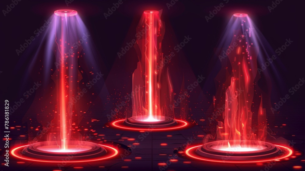 Modern illustration set of neon red game portal with lightning and glow effect. Magic teleport podium with beams for gui concept. Futuristic cyberpunk round luminous port with ray and flash effect. Modern illustration set of neon red game portal with lightning and glow effect. Magic teleport podium with beams for gui concept. Futuristic cyberpunk round luminous port with ray and flash effect.