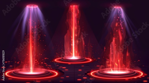 Modern illustration set of neon red game portal with lightning and glow effect. Magic teleport podium with beams for gui concept. Futuristic cyberpunk round luminous port with ray and flash effect.