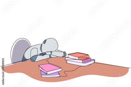 Single continuous line drawing smart robotic asleep at table where there were piles of books. Tired after successfully finish favorite reading book. Love reading. One line design vector illustration