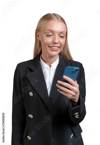 A businesswoman in a black suit holding a smartphone, smiling, isolated on a white background, symbolizing connectivity and professionalism