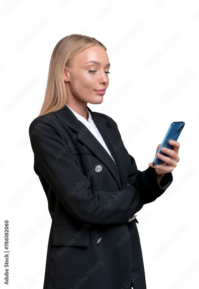 A businesswoman in a black suit holding a smartphone against a white background, portraying communication or technology A businesswoman in a black suit holding a smartphone against a white background, portraying communication or technology
