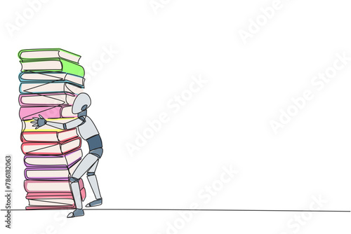 Continuous one line drawing smart robot hugging very high pile of books. Hobby to collecting and reading books. Filling free time with useful things. Read. Single line draw design vector illustration