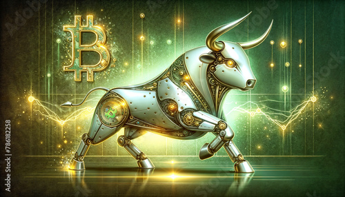 Bitcoin coin with silver robot bull and stock chart on digital background. Bullish market of BTC,
