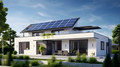 newly constructed homes with solar panels with green trees on sky background © Tu