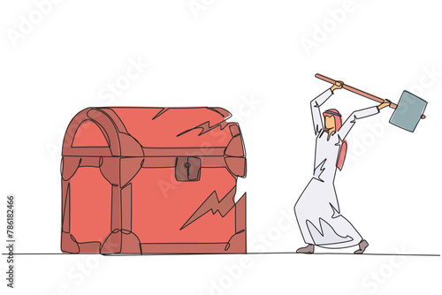 Single one line drawing Arab businessman preparing to hit big treasure chest. Rampage. Running out of capital. Steal. Doing dirty business. Not commendable. Continuous line design graphic illustration