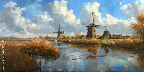 Windmills in the Dutch countryside photo
