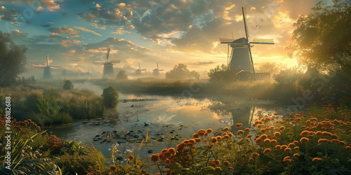 Windmills in the Dutch countryside photo