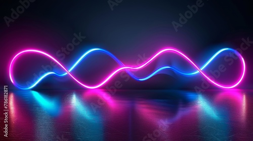 An abstract illustration of neon wave lines on black background, with pink and blue light curves glowing on a dark stage with reflections on a glossy floor, led illumination, disco club decoration.