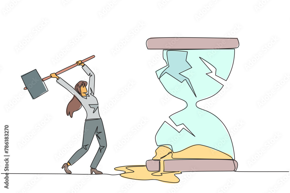 Single continuous line drawing businesswoman preparing to hit the big hourglass. Remove reminders. Work without rules. Undisciplined. Detrimental to the company. One line design vector illustration