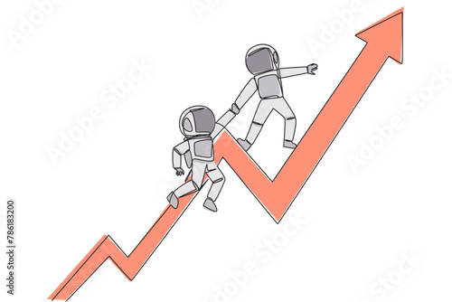 Single one line drawing young astronaut helps colleague to climbs big rising arrow symbol. Help each other to achieve satisfactory targets. Grow together. Continuous line design graphic illustration