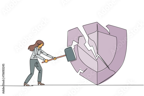 Continuous one line drawing businesswoman preparing to hit shield. Rampage. System is undermined by business competitor. Unfair competition. Virus attack. Single line draw design vector illustration