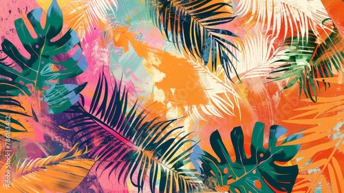 Tropical abstract leaves background. Colorful tropical leaves on textured modern background.