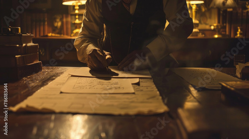 A person in a vintage suit working at a wooden desk using a stamp on paperwork in a dimly lit room photo