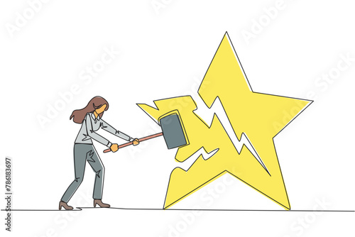 Single continuous line drawing businesswoman preparing to hit big star. Rampage. The destroyer of dream. Failed to get the best career position. Anger overflowed. One line design vector illustration
