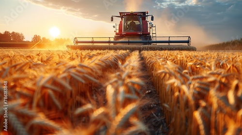 A combine harvester works in a wheat field at sunset photo