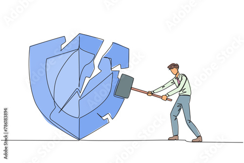 Continuous one line drawing businessman preparing to hit shield. Rampage. System is undermined by business competitors. Unfair competition. Virus attack. Single line draw design vector illustration