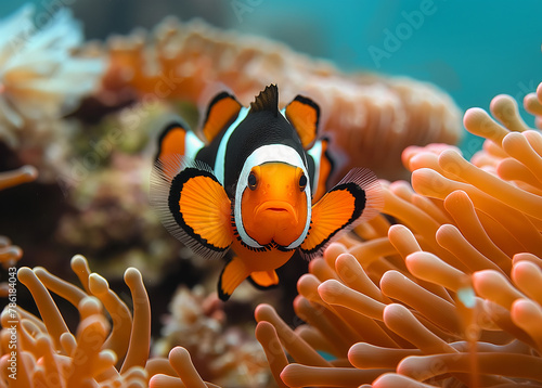 A stunning close-up shot of a colorful clown fish swimming in a coral reef ecosystem