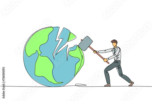 Continuous one line drawing businessman preparing to hit the big globe. Disappointed with the world. Businesses fall apart before it grow. Deepest anger. Single line draw design vector illustration