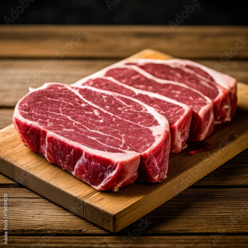Raw Tenderloin Steak with arugula on wooden cutting board