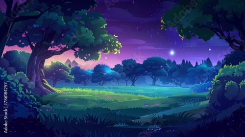 A night forest with trees and an arena in a park for a game battle. Beautiful fantasy garden panorama scene. Outdoor adventure around a glade with trees and a bush. © Mark