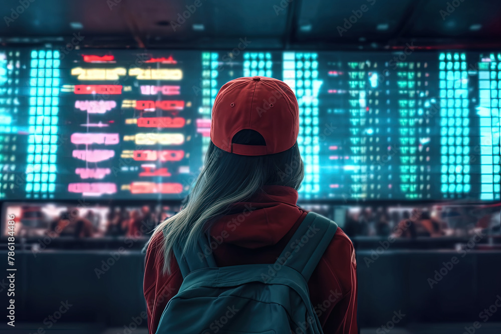 A person stands facing a bright departure board in a busy airport terminal A person stands facing a bright departure board in a busy airport terminal