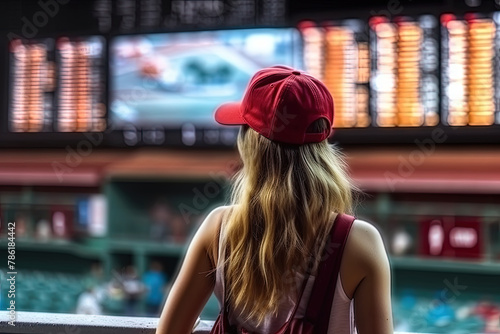 A woman wearing a red hat attentively watches a baseball game from the stands, showing interest in the players and the action on the field photo
