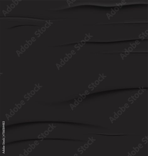 Black paper glued, crumpled or wet with wrinkles, blank sheet grunge sticker isolated on background. Advertising poster