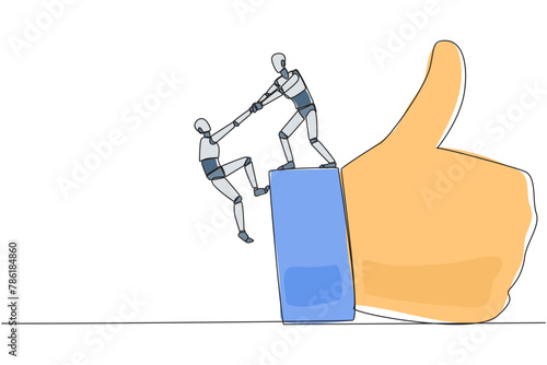 Continuous one line drawing smart robot helps colleague climb big finger gesture thumbs up. Working together towards success. Positive vibes. Cohesiveness. Single line draw design vector illustration