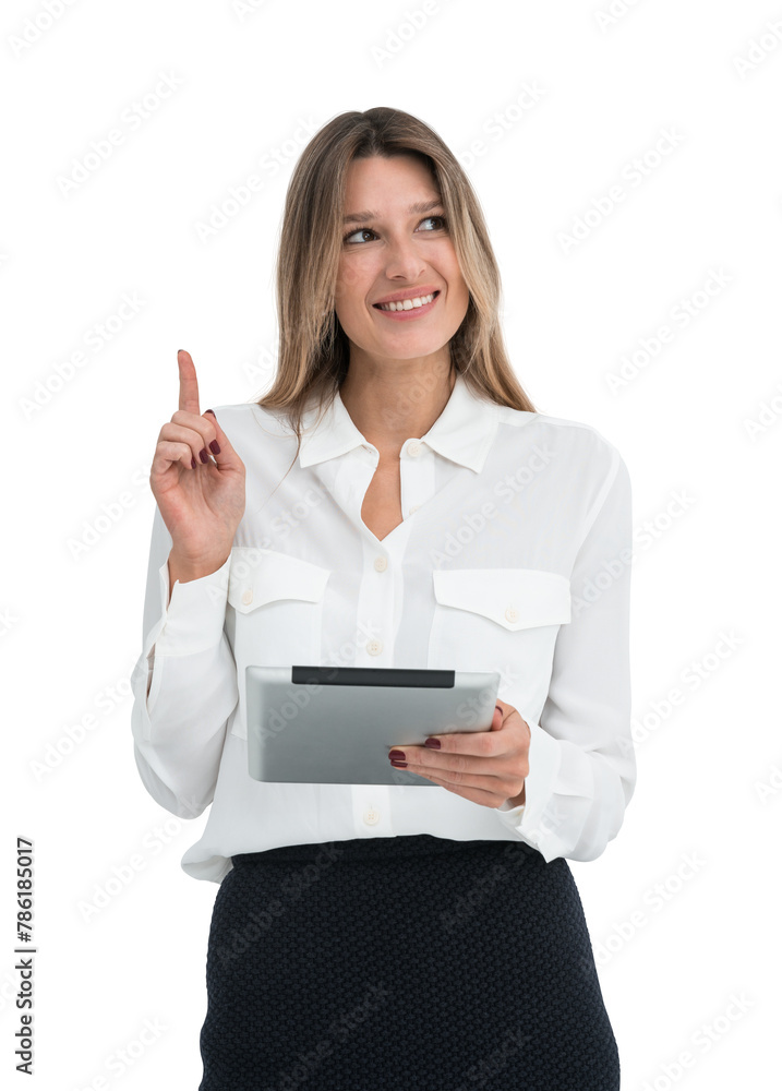 A smiling woman holding a tablet and pointing upwards, posed in professional attire, set against a white background, suggesting a business concept A smiling woman holding a tablet and pointing upwards, posed in professional attire, set against a white background, suggesting a business concept