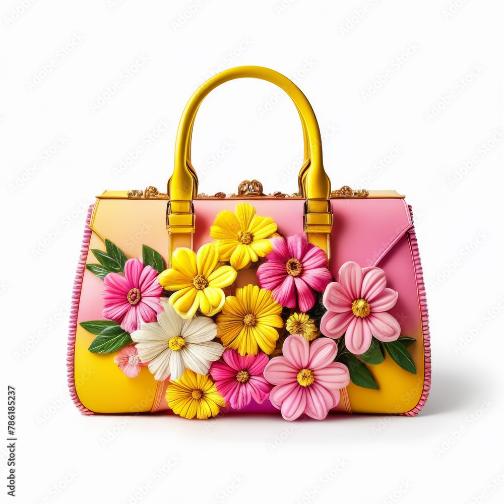 Pink handbag with daisies and flowers on a gray background Pink handbag with daisies and flowers on a gray background